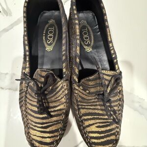 Tod's Zebra Pattern Gold and Black Loafers